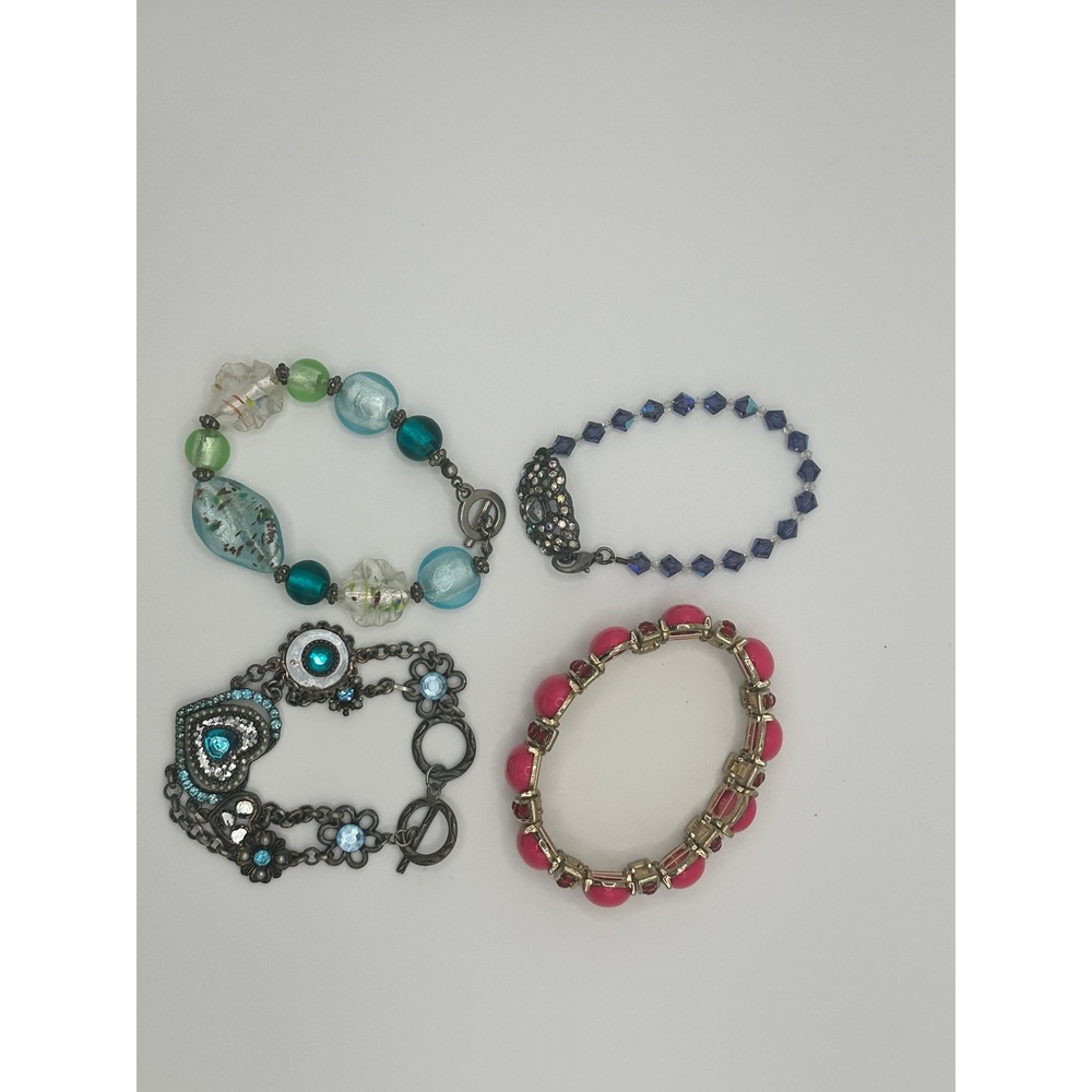 Lot of‎ 4 Womens Fashion Bracelets Art Glass Crystal Rhinestone Heart Pink Blue